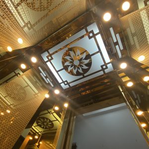 Thang máy gia đình inox gương vàng xen inox gương vàng ăn mòn hoa văn