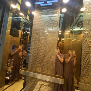 Thang máy gia đình inox gương vàng xen inox gương vàng ăn mòn hoa văn
