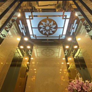 Thang máy gia đình inox gương vàng xen inox gương vàng ăn mòn hoa văn